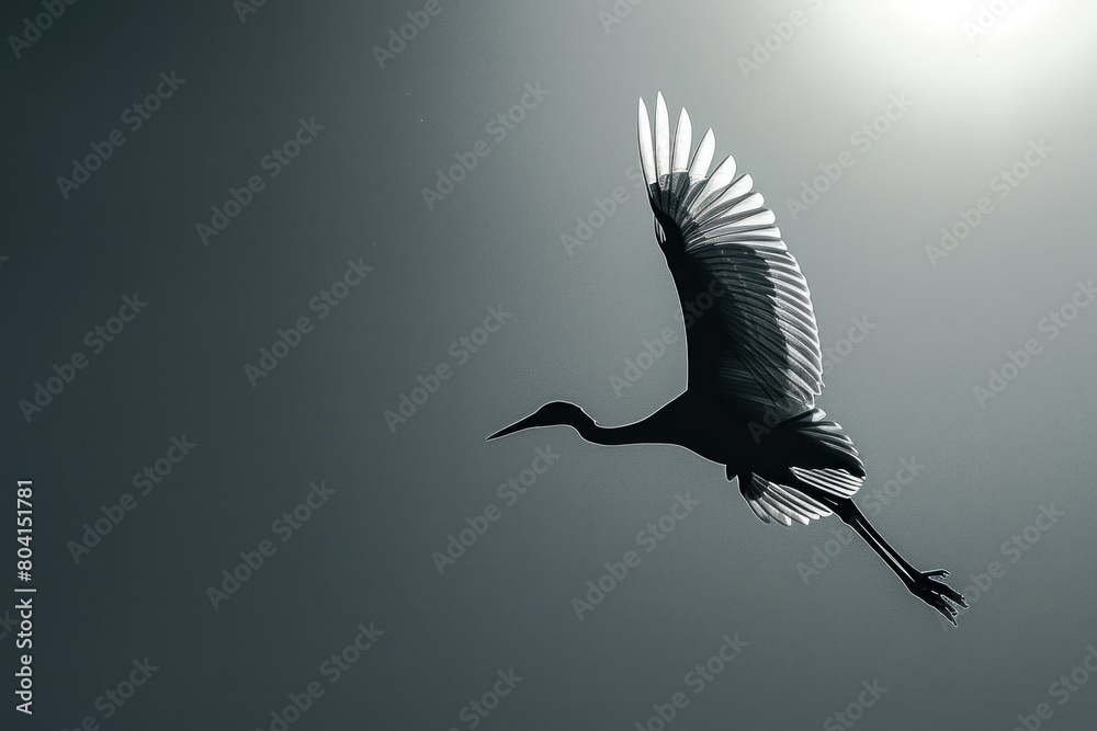 Naklejka premium A swift, minimalist representation of a flying crane, its shadow soaring.