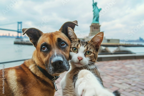 Cute Dog and Cat Taking a Selfie With Statue of Liberty