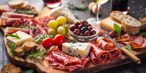 Close-up photo of a gourmet charcuterie board featuring a variety of cured meats  artisan cheeses  and gourmet accompaniments  arranged with artistic flair.