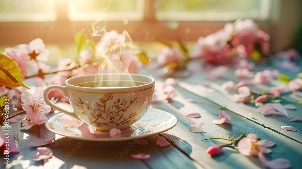Elegant Floral Teacup in Springtime Sunshine on Wooden Table Elegant Floral Teacup in Springtime Sunshine on Wooden Table