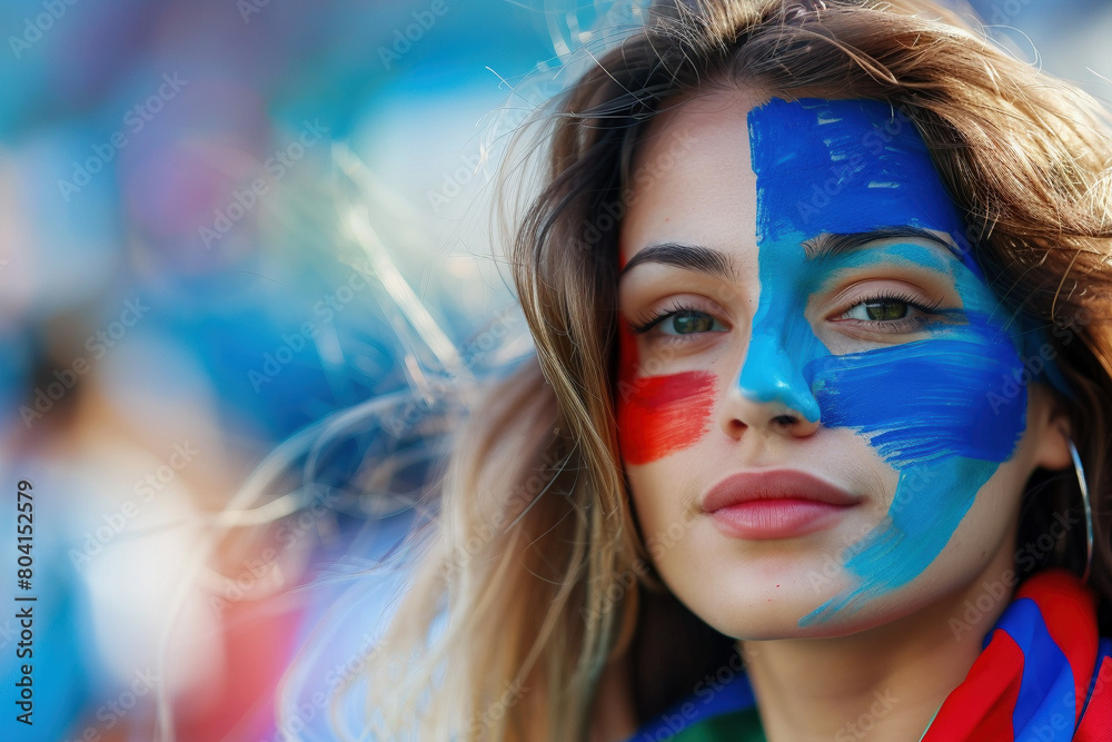 Portrait of Young Woman with Face Paint in Patriotic Colors,  french flag colors