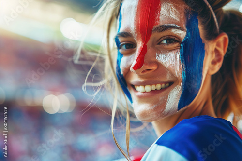 Cheerful Woman at Sporting Event with Colorful Face Paint,  french flag colors