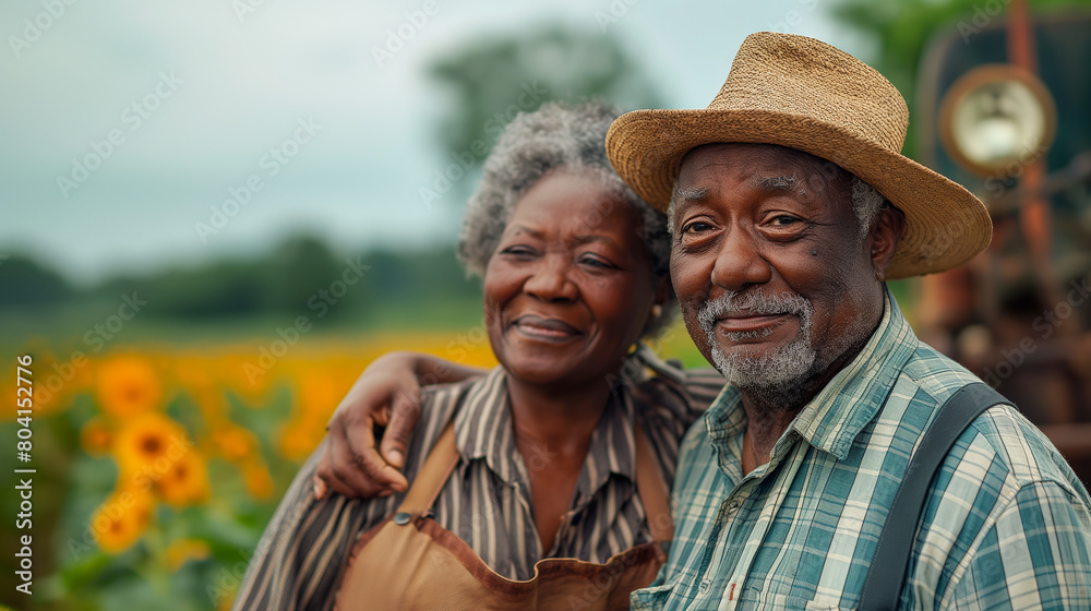 African American family. Happy couple of senior farmers. An elderly gray haired 75 years old man, with his wife, a 70 years old woman.