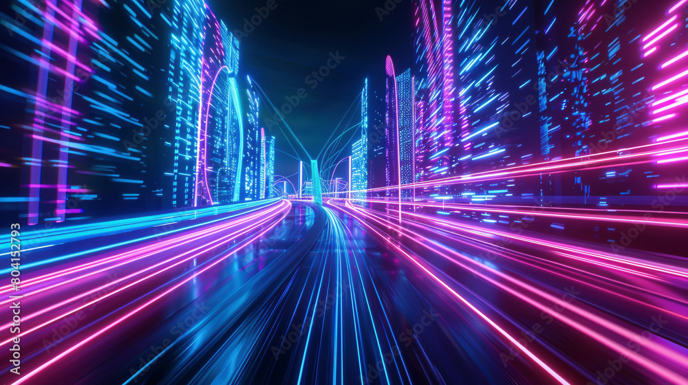 Vibrant Light Trails in a Futuristic Neon Cityscape
