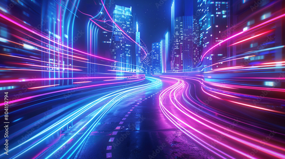 Futuristic City with Colorful Light Beams at Night Futuristic City with Colorful Light Beams at Night