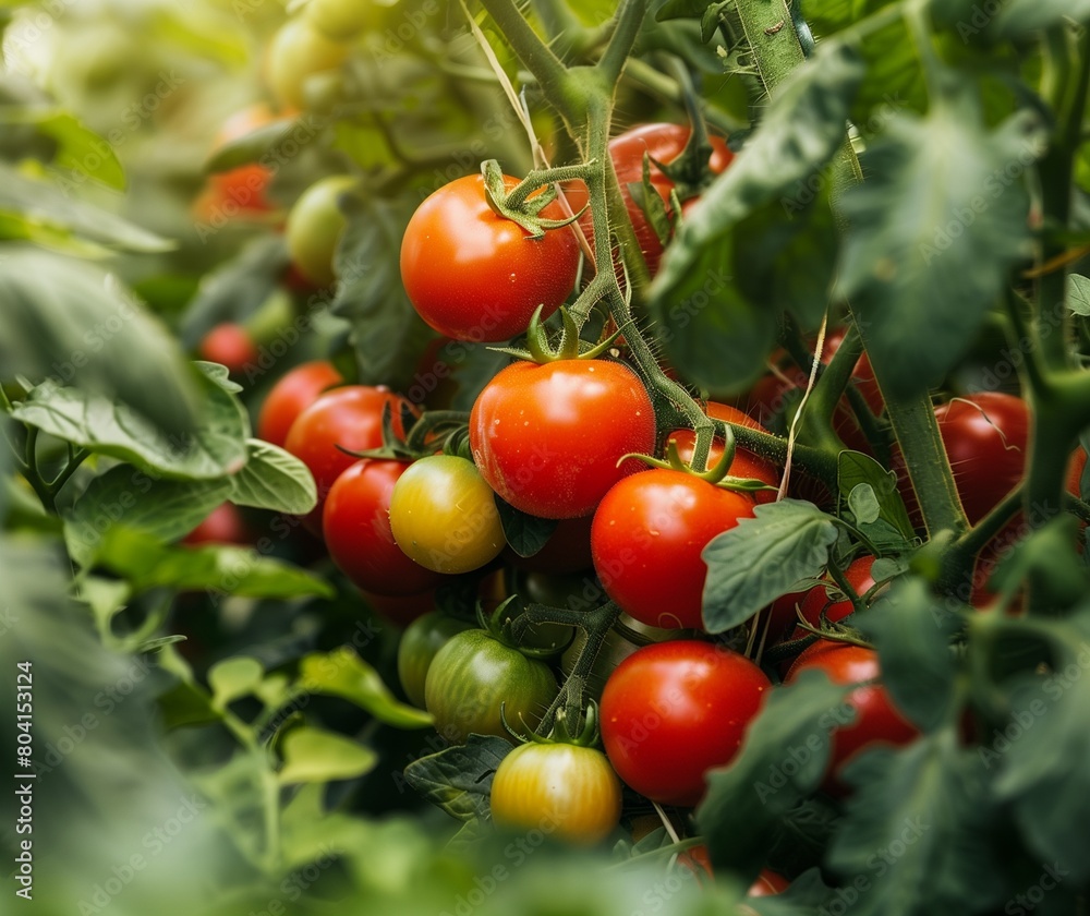 Fresh Ripe Tomatoes on Vine in Sunlit Garden Close-up
