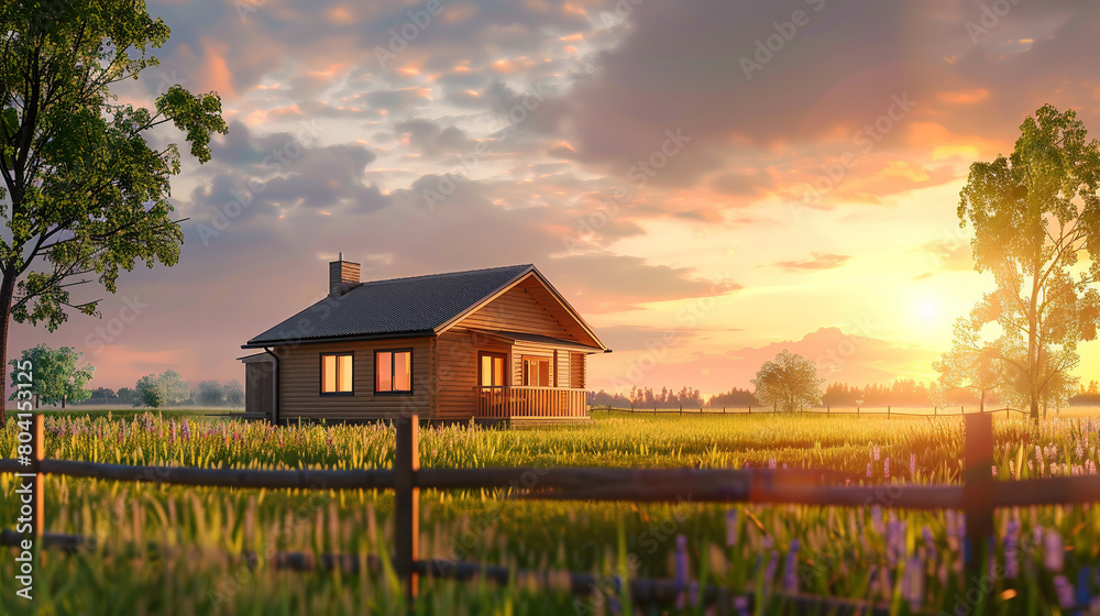 Serene Sunset at a Modern Wooden House in Rural Landscape