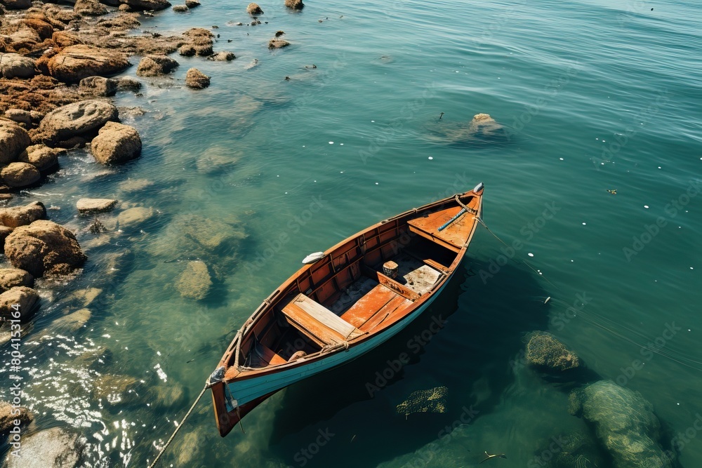 A small rowing boat is tied to the shore.