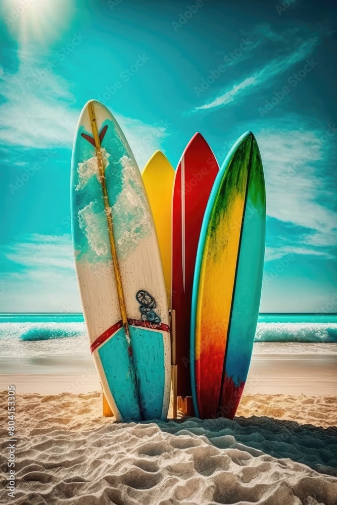 Surfboards on the beach. Generative Ai