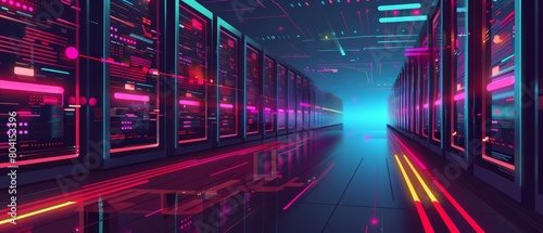 An illustration of colorful datacenters pulsating with activity showcases the vibrant heartbeat of global communication networks, hitech background sharpen with copy space