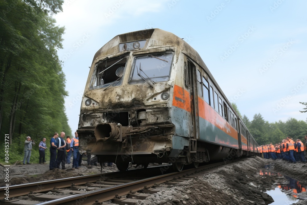 Old abandoned and already rusty train. A missile strike attack on the civilian population during the war. Old abandoned and already rusty train. A missile strike attack on the civilian population during the war.