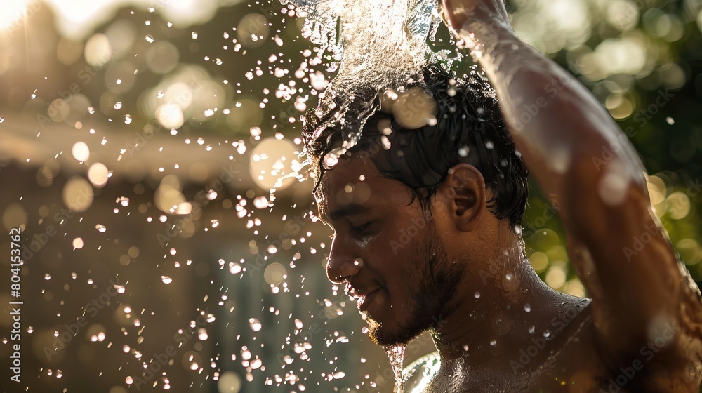 Fototapeta premium A man is pouring water over his head from a bucket to cool off in the summer heat.