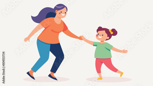 A mother and daughter hold hands and laugh while attempting a line dance expressing the importance of instilling body positivity at all ages.. Vector illustration