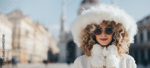 A stylish woman dons a fluffy white fur hat and matching coat, accessorized with sunglasses, against a blurred urban background. photo