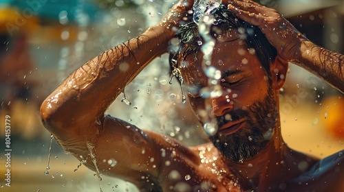 Hot summer day. The guy washes his hair under the shower photo