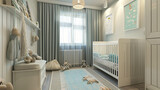 Interior of stylish childrens room with baby bed
