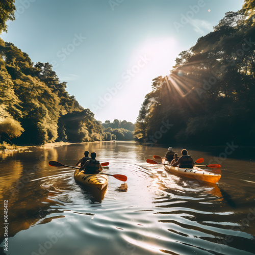 A group of friends kayaking on a calm river.