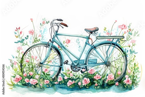 A watercolor painting depicts a pretty vintage bicycle leaning against a floral hedge, Clipart minimal watercolor isolated on white background