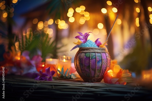 Tropical Bliss: Coconut-based cocktail in a tiki glass, adorned with tropical fruits and flowers.