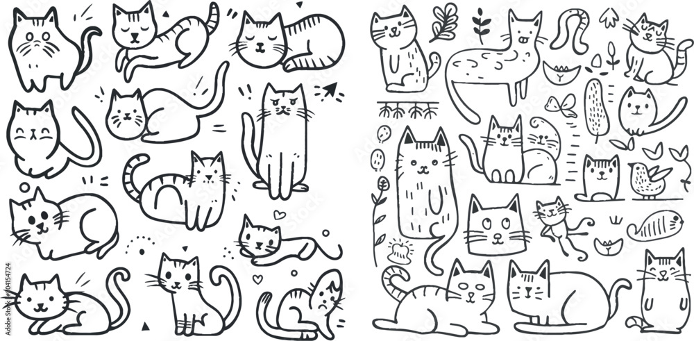 Cats line doodles. Vector cartoon cute outline cat sketches