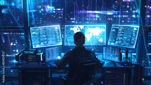 man sitting at his desk in front of computer, surrounded by glowing data streams that create holographic images and AI circuitry. 