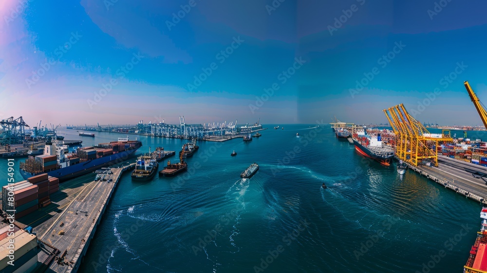 A panoramic view of a bustling port at midday, with cargo ships lined up along the docks and cranes busy loading and unloading containers