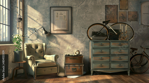Interior of stylish room with chair chest of drawers  photo
