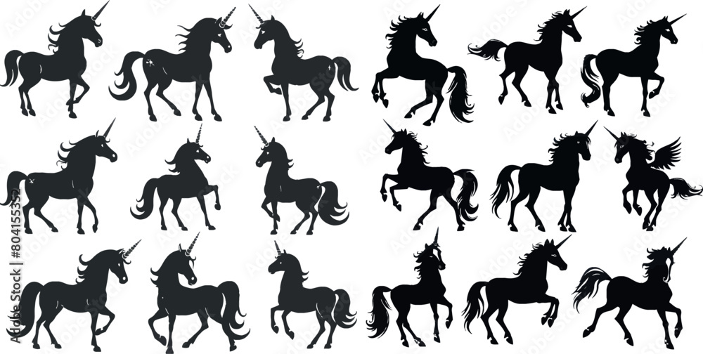 Unicorn silhouettes. Unicorns silhouette set