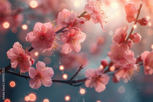 Close-up of vibrant pink sakura blossoms with soft bokeh lights in the background, emphasizing spring and renewal