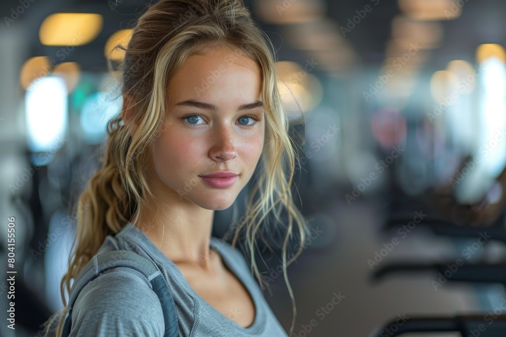 Obraz premium Portrait of a contemplative young woman in a gym setting, with a hint of determination and focus in her eyes