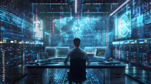 man sitting at his desk in front of computer, surrounded by glowing data streams that create holographic images and AI circuitry. 