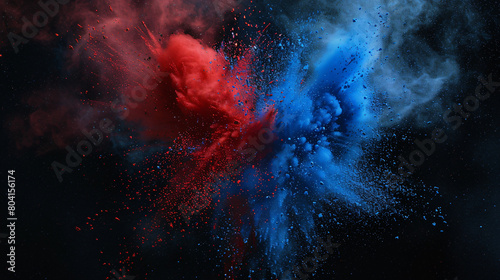 Red and Blue Powder Collide with Black Background