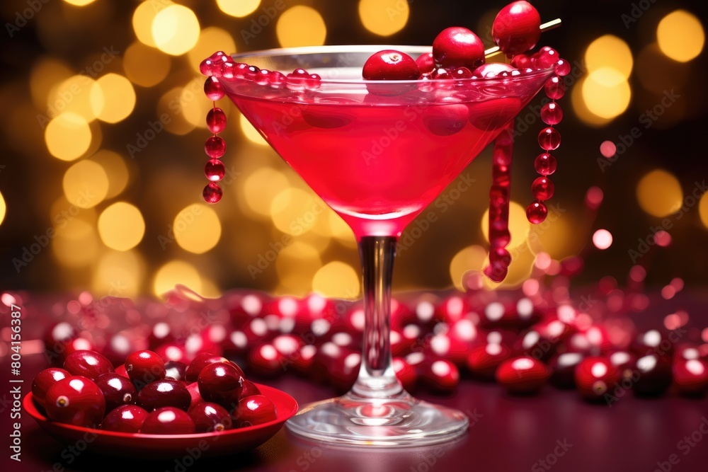 Cranberry Crush: Cranberry vodka cocktail in a cranberry-rimmed glass, with floating cranberries.