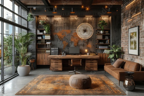 Stylish home office interior with a prominent world map on the wall and contemporary furnishings photo