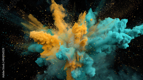 Light Blue and Yellow Powder Collide with Black Background