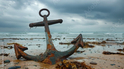 A weathered anchor rests on the sandy beach  surrounded by the gentle lapping of water. Nearby  a vibrant plant adds a touch of life to the serene scene AIG50