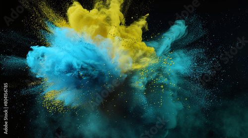 Light Blue and Yellow Powder Collide with Black Background