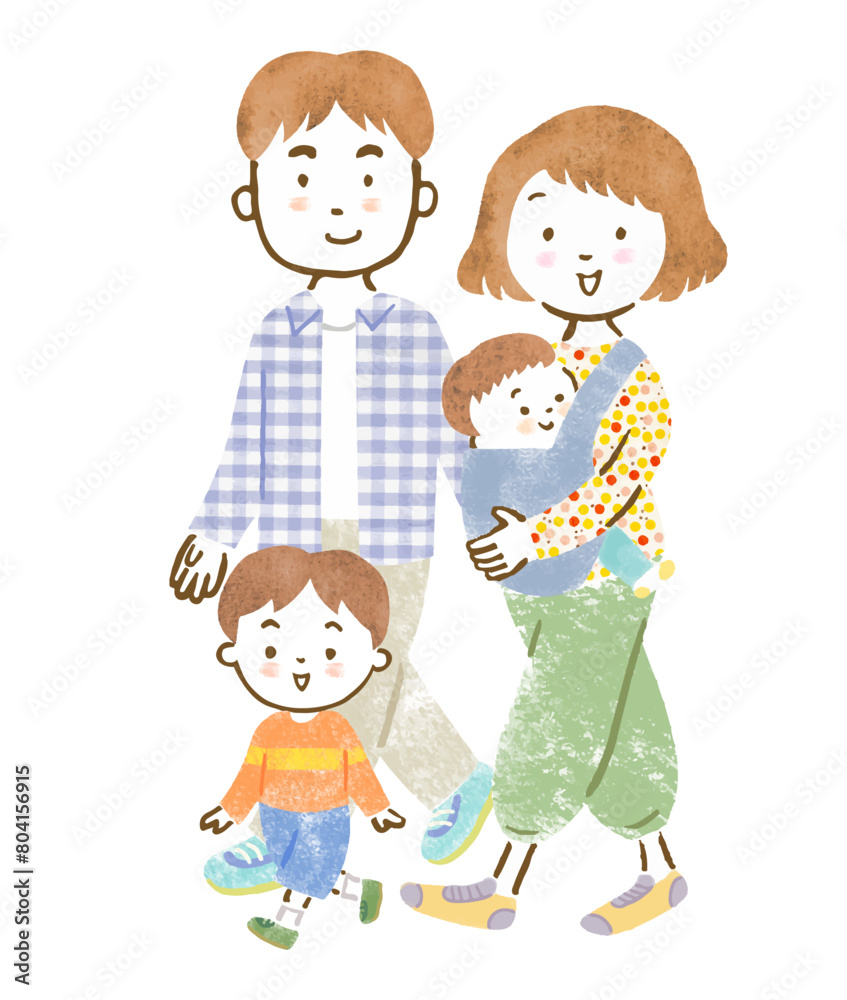 子供(男児)が2人いる家族4人の全身手描きイラスト 子供(男児)が2人いる家族4人の全身手描きイラスト