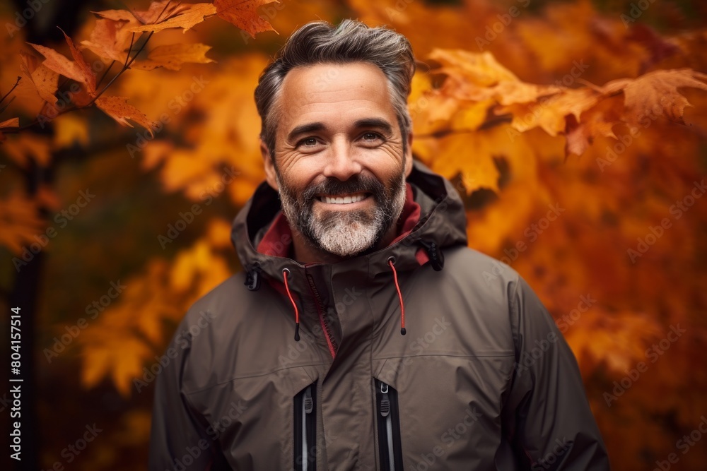 Portrait of a happy man in his 40s wearing a functional windbreaker in background of autumn leaves