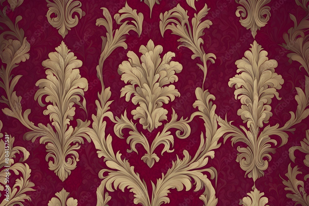 A red and gold floral wallpaper with a gold trim