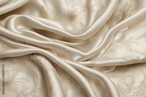 A white fabric with a floral pattern is draped over a table