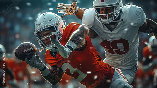 Two emotional American football players, full height, catch the ball, the first player is wearing red uniform, second player is wearing a white uniform. Generative AI.