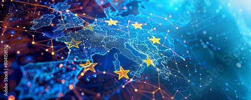 High-Tech Digital Connectivity Across the European Map with Glowing Nodes and Stars. EU
