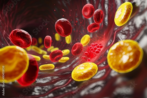 Red and Yellow Blood Cells Flowing Through Arteries in Medical Illustration. photo
