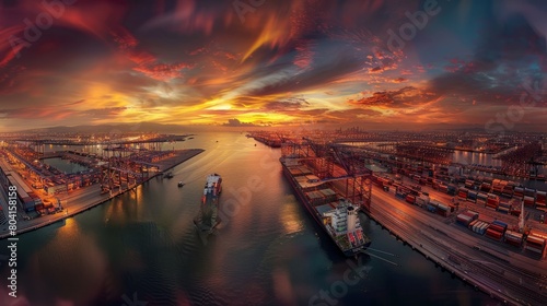 A panoramic view of a bustling port terminal at midday, with cargo ships being loaded and unloaded amidst a flurry of activity against the backdrop of a clear blue sky photo