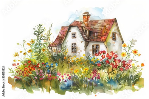A watercolor painting of a quaint cottage surrounded by wildflowers, so cute and inviting, Clipart minimal watercolor isolated on white background