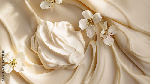 Whipped skincare formulas delicately mingling with a background reminiscent of the velvety smoothness of a dessert custard.