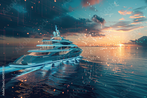 Luxury yacht overlaying with digital virtual lines photo