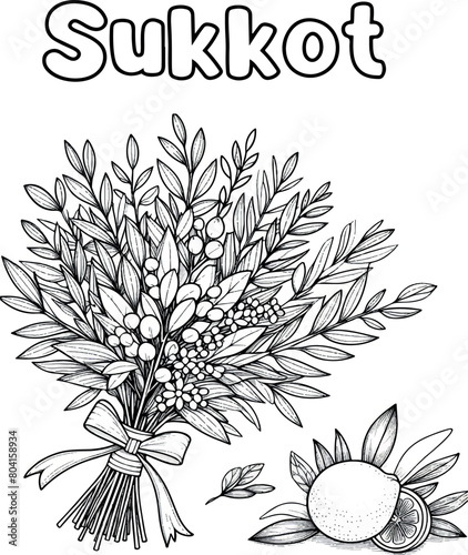 Creating a Sukkah coloring page. Holiday symbols, etrog, lulav, myrtle, willow. Black and white linear vector illustration. Coloring pages for children.