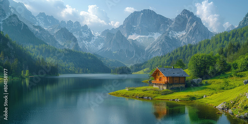  a wooden house beside serene lake with mountain background. Wood cabin on the lake , lake in the mountains, natural landscapes. Nature background © Planetz